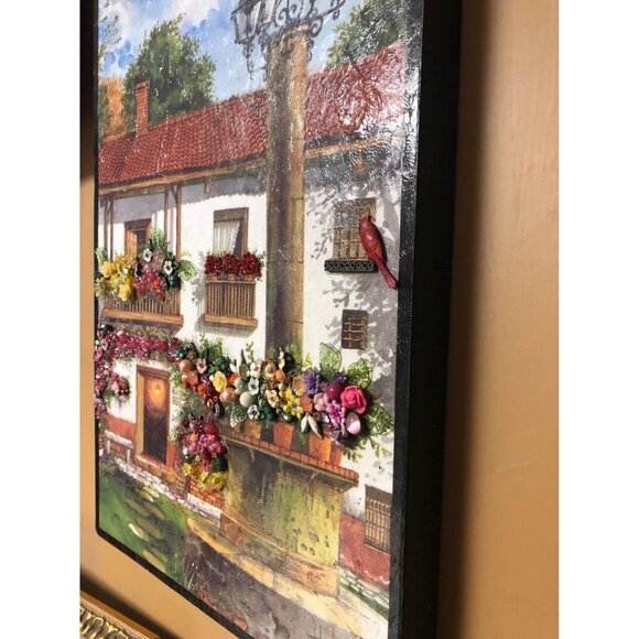 3D Italian Inspired Jewelry and Bead Enhanced Upcycled Art Floral Village Scene - Picture 5 of 8